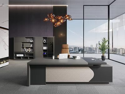 Modern Office Interior With Large Windows City View Black Bookshelves And Desk 3d model