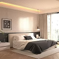 Modern Minimalist Bedroom Interior With White Headboard Black Bedding Nightstand Lamp And Wooden Floor Rug