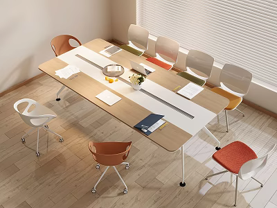 Long Office Desk With Wooden White Top And Colorful Chairs Notebooks Cups Plant 3d model