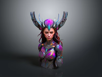 Sci Fi Fantasy Female Character Bust With Antler Like Headdress And Purple Pink Iridescent Armor 3d model