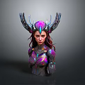 Sci Fi Fantasy Female Character Bust With Antler Like Headdress And Purple Pink Iridescent Armor