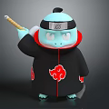 3D Character Design Featuring Blue Creature in Ninja Costume Headband Red Cloud Pattern and Staff