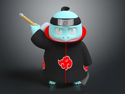 3D Character Design Featuring Blue Creature in Ninja Costume Headband Red Cloud Pattern and Staff 3d model