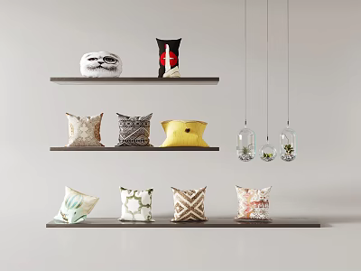 Colorful Patterned Throw Pillows Arranged On Layered Wall Shelves With Hanging Glass Decorations 3d model