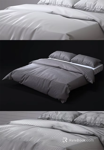 Modern Double Bed With Gray Duvet White Sheets And Soft Pillows 3d model