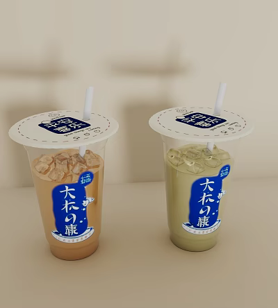 Two Different Colored Transparent Plastic Milk Tea Cups with White Lids Straws and Ice Cubes 3d model