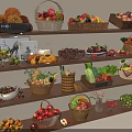 Fresh Fruits Display on Wooden Shelves with Baskets of Apples Oranges Peaches Grapes and Bananas