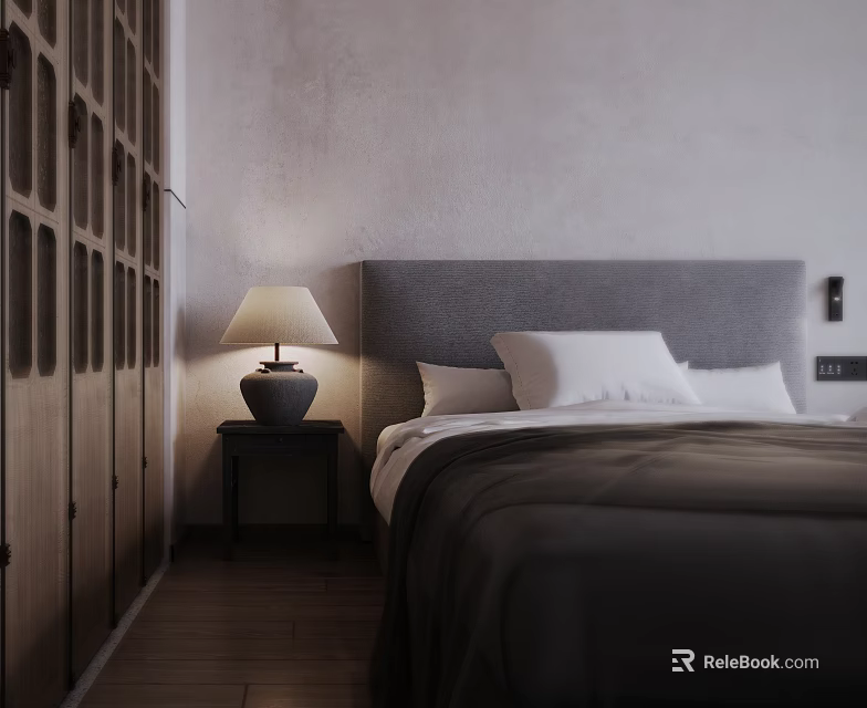Hotel Room Interior With Gray Headboard Bed Wooden Nightstand Table Lamp And Wooden Floor 3d model 
