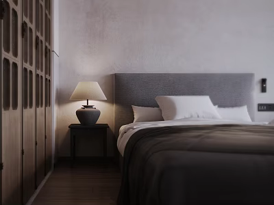 Hotel Room Interior With Gray Headboard Bed Wooden Nightstand Table Lamp And Wooden Floor 3d model