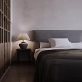 Hotel Room Interior With Gray Headboard Bed Wooden Nightstand Table Lamp And Wooden Floor