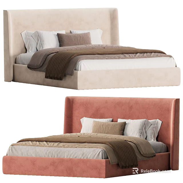 Modern Double Beds with Beige and Pink Headboards Soft Pillows and Cozy Blankets 3d model 