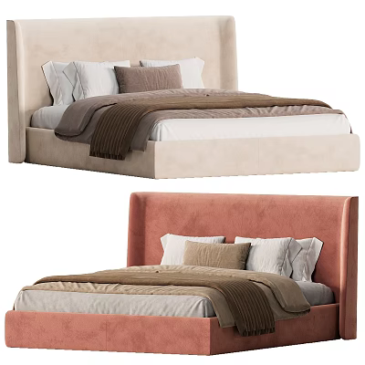 Modern Double Beds with Beige and Pink Headboards Soft Pillows and Cozy Blankets 3d model