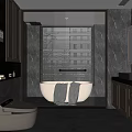 Modern Bathroom Interior Design With Freestanding Bathtub Double Vanity Dark Cabinets And Large Mirror