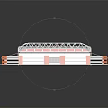 Detailed Football Stadium Model With Green Pitch Red Stands And White Gray Structure