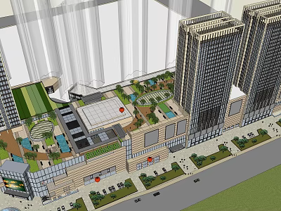 Modern Commercial Street with Tall Buildings Plaza Green Spaces Pedestrian Walkways and Parking Areas 3d model