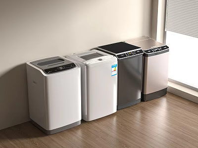 Modern Washing Machines In Different Colors Lined Up In Room With Wooden Floor And Window 3d model