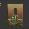 Dining Chair By Table Blue Tablecloth Plant Arched Window On Orange Yellow Gradient Wooden Floor