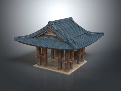 Traditional Asian Pavilion With Curved Overhanging Eaves Dark Tile Roof And Wooden Columns 3d model