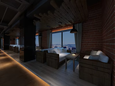 Cozy Cafe Interior With Brick Walls Wooden Ceiling And Large Windows For Relaxing 3d model
