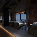 Cozy Cafe Interior With Brick Walls Wooden Ceiling And Large Windows For Relaxing