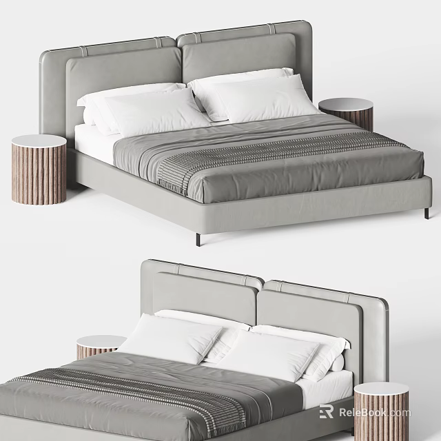 Modern Gray Double Bed Design With White Pillows And Cylindrical Wooden Nightstands 3d model 