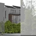 Two Story Modern Detached Villa With Large Glass Windows Wooden Accents Balconies And Greenery