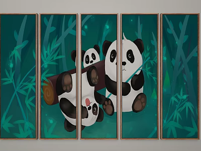 Five Panel Wall Art Featuring Playful Pandas In Bamboo Forest 3d model