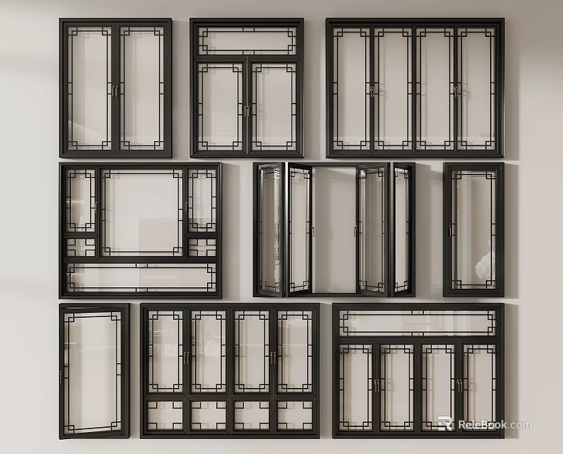 Interior Window Designs With Black Frames And Various Grid Patterns 3d model