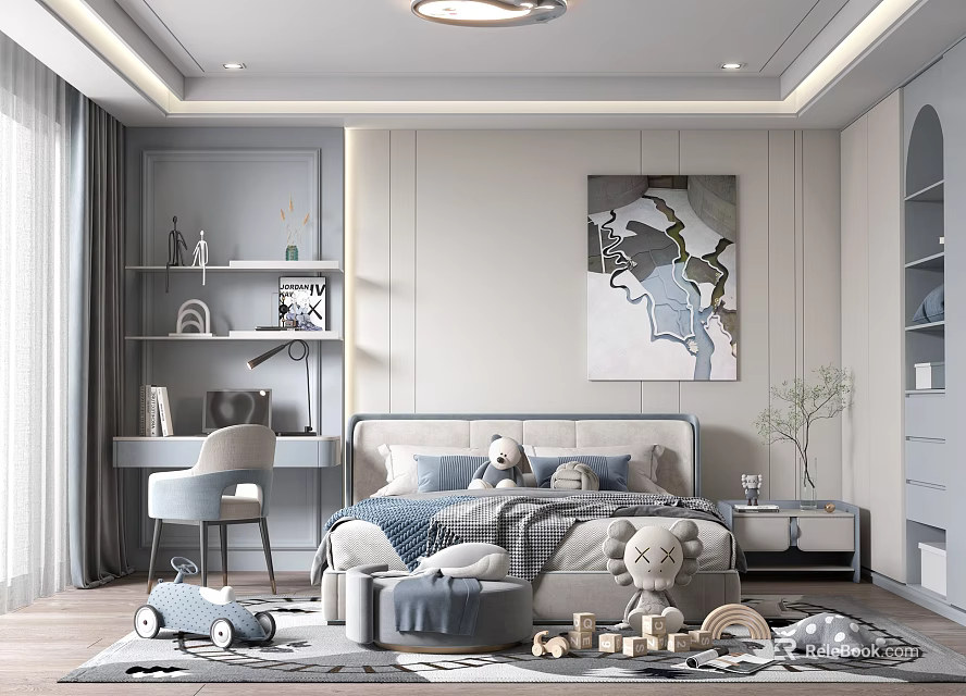 Modern Kids Bedroom With Soft Tones Toys Study Desk And Art Decor 3d model 