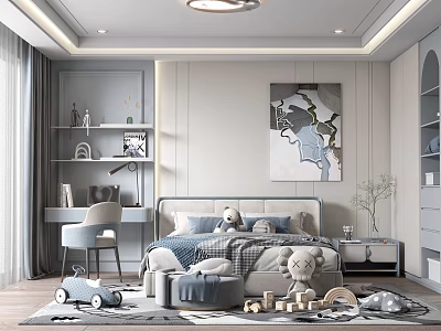 Modern Kids Bedroom With Soft Tones Toys Study Desk And Art Decor 3d model