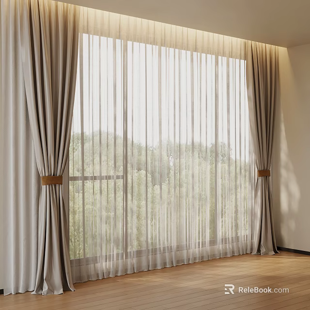 Beige Sheer Curtains with Tiebacks and Green Trees View on Wooden Floor 3d model 