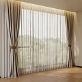Beige Sheer Curtains with Tiebacks and Green Trees View on Wooden Floor