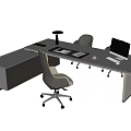 Modern Office Desk And Ergonomic Chair Set With Glass Top And Laptop