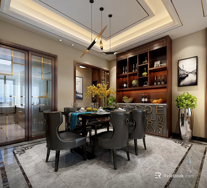 Chinese Style Restaurant With Dark Wooden Dining Table Chairs Wine Cabinet Yellow Flowers And Marble Floor 3d model 
