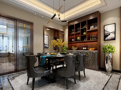 Chinese Style Restaurant With Dark Wooden Dining Table Chairs Wine Cabinet Yellow Flowers And Marble Floor 3d model