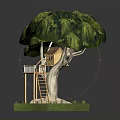 Wooden Tree House With Green Leafy Canopy Small Cabin Wooden Ladder And Grass Base