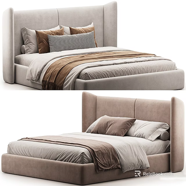 Stylish Double Bed with Upholstered Headboard Soft Pillows and Folded Blanket on Mattress 3d model 
