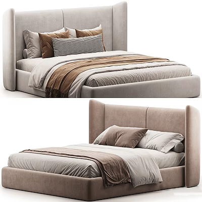 Stylish Double Bed with Upholstered Headboard Soft Pillows and Folded Blanket on Mattress 3d model