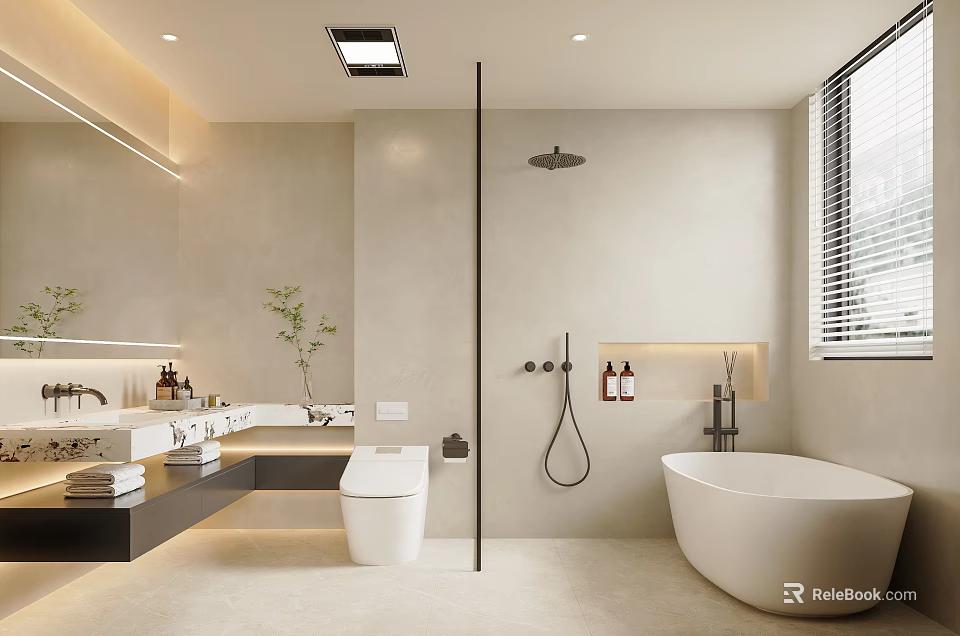 Modern Bathroom Interior With Freestanding Bathtub Shower Vanity Sink Mirror And Lighting 3d model 