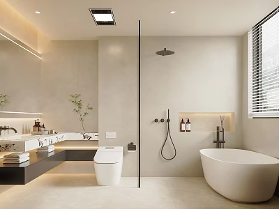 Modern Bathroom Interior With Freestanding Bathtub Shower Vanity Sink Mirror And Lighting 3d model