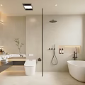 Modern Bathroom Interior With Freestanding Bathtub Shower Vanity Sink Mirror And Lighting