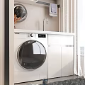 Modern Bathroom Cabinet With White Countertop Sink Faucet Washing Machine And Round Mirror