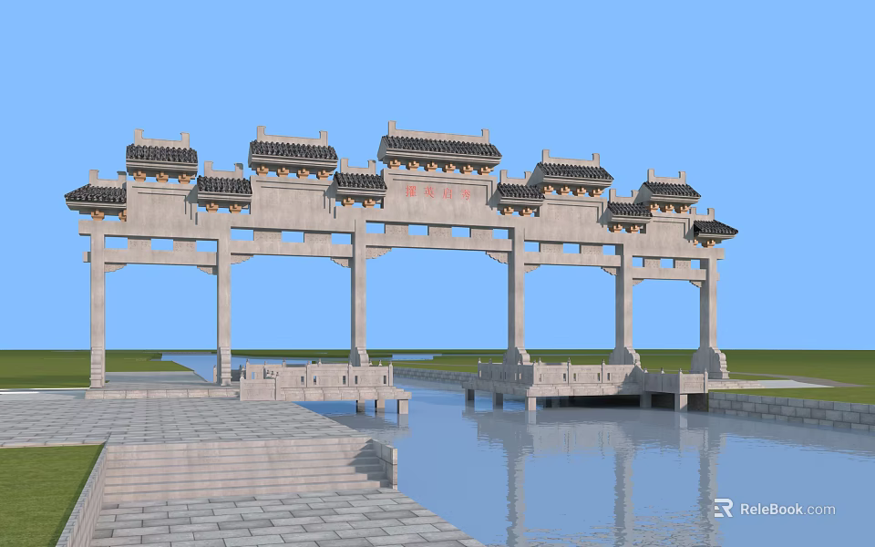 Traditional Chinese Archway With Multiple Archways Ornate Tiled Roofs Stone Pathway And Water Reflection 3d model 