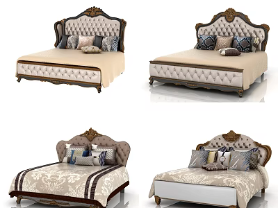 Classic Double Bed With Ornate Carved Headboard Decorative Pillows And Elegant Patterned Bedspread 3d model
