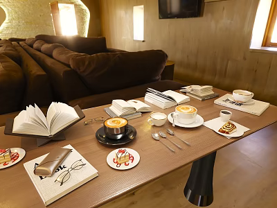 Decorative Ornament Set With Open Book Coffee Cup Tableware And Small Plates On Wooden Table 3d model