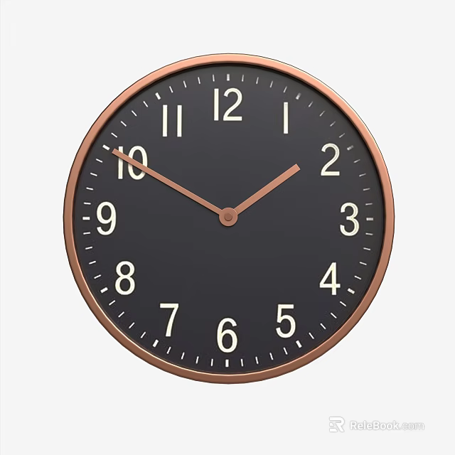 Round Wall Clock with Black Dial White Numbers Copper Frame and Hands 3d model