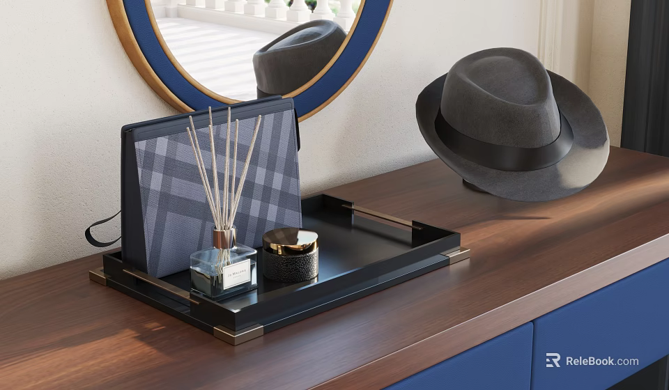 Elegant Decorative Ornament Set With Tray Diffuser Candle Jar On Wooden Tabletop And Blue Cabinets 3d model 