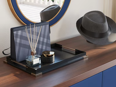 Elegant Decorative Ornament Set With Tray Diffuser Candle Jar On Wooden Tabletop And Blue Cabinets 3d model