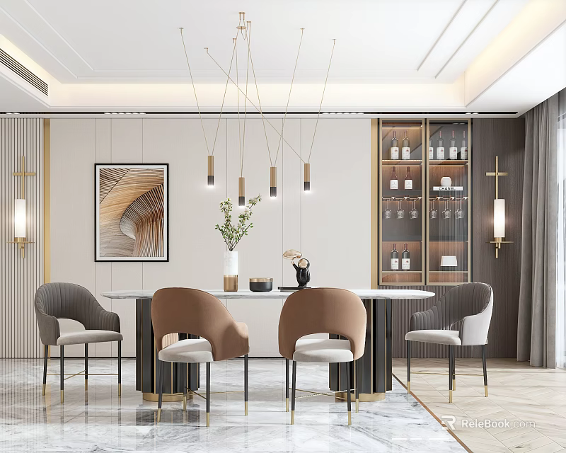 Elegant Modern Dining Table Set With Four Chairs Marble Top And Hanging Lights 3d model