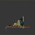 Fresh Pumpkin and Mixed Fruits on Wooden Table with Blue Cloth and Pitcher